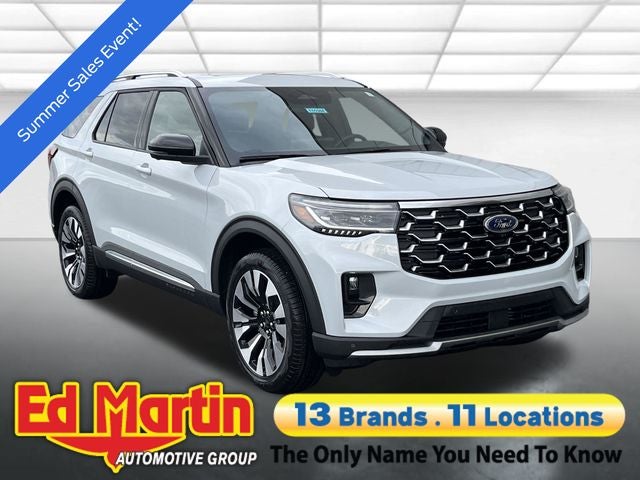 2026 Ford Explorer Platinum in White Metallic — front three-quarter view